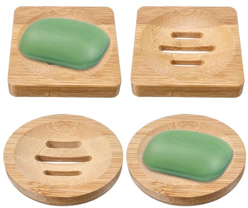 Guduling 4 Stück Seifenschale mit Ablauf Bambus, Seifenhalter aus Holz | Rund und Quadratisch, Seifenschale Bambus, Rutschfeste Seifenablage Holz für Badezimmer,Dusche,Küche (Natürliche Farbe)