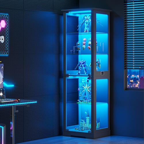 Gurexl 5-Tier Display Cabinets with Human Sensor LED for Curio,Black | Stand display cabinets with Lockable glass door and Adjustable glass shelf for Collectibles, toys, figurines