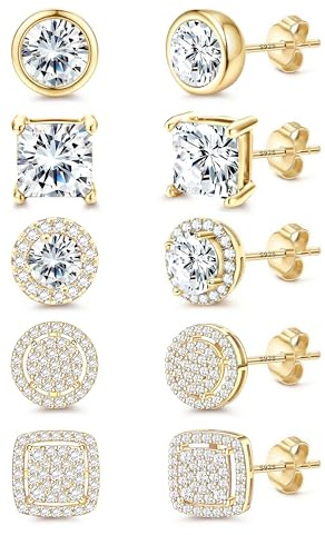 Morfetto Ohrstecker Silber 925 Damen Herren - 5 Paar 14K Vergoldet Hypoallergene Ohrringe Gold Stecker Herren Ohrring Runde Quadratische Brillantem Cubic Zirkonia Ohrstecker Set