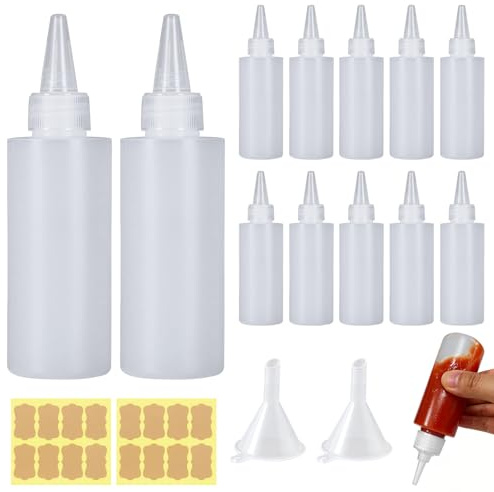 Pack of 12 100ml Dosierflasche Set, Quetschflaschen Kunststoff mit Trichter & Etiketten – Spritzflaschen für Saucen, Öl, für Bastelkleber, Leer Reiseflaschen Nachfüllbar – BPA-frei & Auslaufsicher