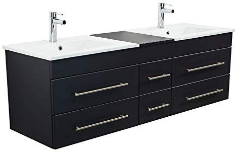 emotion | 2er Waschtisch-Set in Schwarz Seidenglanz | Made in Germany | B153 x H50,3 x T47 cm | 2X Keramik-Waschbecken mit Unterschrank und 6X Schubladen | Doppelwaschtisch für Badezimmer