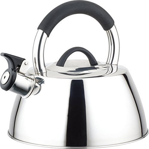 Buckingham Modern Stainless Steel Stove Top Induction Whistling Kettle 2.6 Litre Satin Finish with black silicon grip stay cool handle, 22.5 x 22.5 x 23 cm