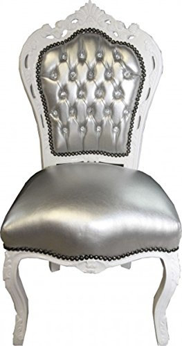 Casa Padrino Barock Esszimmer Stuhl Silber Lederoptik/Weiß mit Bling Bling Glitzersteinen