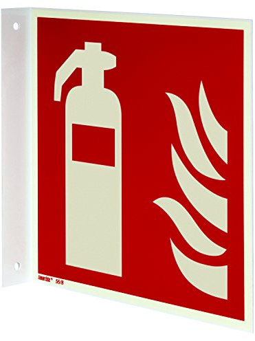Feuerlöscher Fahnenschild 200 x 200 mm – Langnachleuchtendes 55/8 mcd DIN 67510 Leuchtklasse B Aluminium Schild, doppelseitig bedruckt, ASR A1.3 / ISO 7010, Brandschutzzeichen, Innen- & Außenbereich