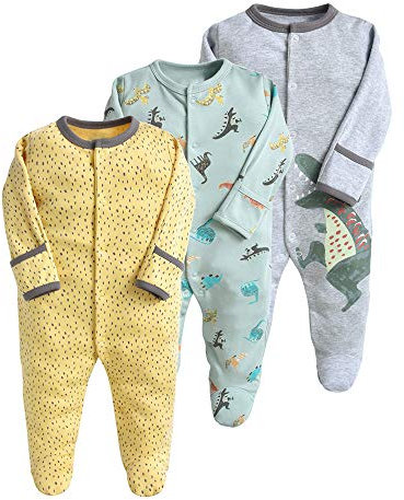 Minizone Baby Cotton Pyjama Set 3PCS Unisex Onesie Long Sleeve Overalls Cotton Romper, 3-6 Months, Grey1