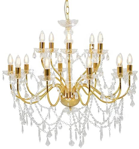vidaXL Kronleuchter 2-lagig Deckenlampe Pendelleuchte Lüster Deckenleuchte Hängeleuchte Hängelampe Leuchte Lampe Golden 15xE14-Glühbirnen