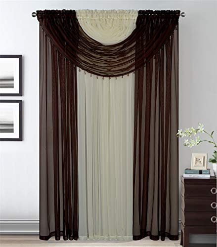 4 Panels With 2 Attached Valances All-in-One Brown Beige/Off White Sheer Rod Pocket Curtain Panel 84 Inches Long With Crystal Beads - Window Curtains for Bedroom, Living Room or Dinning Room