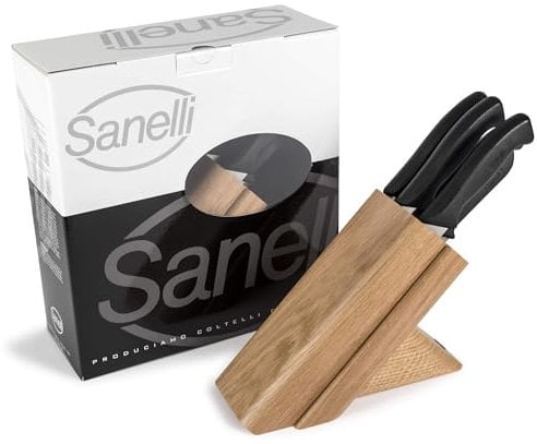 Sanelli, Ceppo in Legno Massello di Rovere con 5 Coltelli Manico Antiscivolo Skin Nero