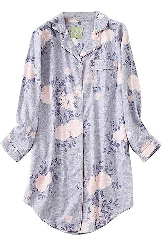 CHUNG Chemise de Nuit à Manches Longues Boutonnée pour Femme - Pyjama à Carreaux en Flanelle et Coton, Pivoine Grise, XXL