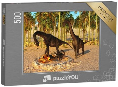 puzzleYOU: Puzzle 500 Teile „Dinosaurier-Baby: Nest mit 3D-Illustration, Brachiosaurus-Eltern und Dino-Eier“ – aus der Puzzle-Kollektion Dinosaurier, Tiere aus Fantasy & Urzeit