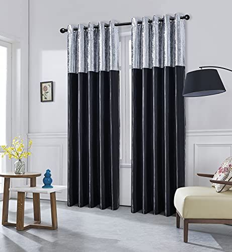 JRI Crushed Velvet Faux Silk Curtains Eyelet Ring Top and Fully Lined (46x72, Black Silver) - (Same Day Dispatch)