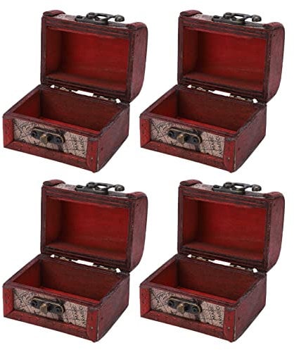 HERCHR Treasure Chest Small,4Pcs Mini Wooden Chests 3.15x2.36x2.36in Decorative Trinket Box Keepsakes Vintage Metal Lock Jewelry Treasure Jewellery Box for Girls Ladies Women