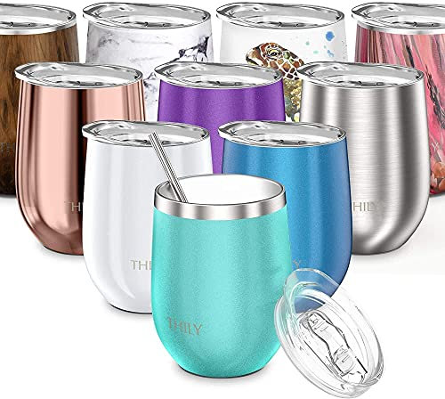 THILY Stainless Steel Stemless Wine Glass T1 Triple Vacuum Insulated Travel Wine Tumbler Cup with Lid and Reusable Straw, 350 ml, Keep Drinks Cold or Hot, Teal