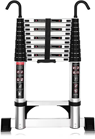 EGTink 3,2M Scala Telescopica in Alluminio, Scala Multifunzionale Portatile con 2 Ganci Rimovibili Stabilizzatore, Carico di 150 KG, Certificazione EN131
