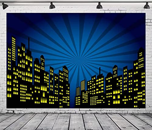 CORFOTO 12x8ft Cartoon-Super-City-Hintergrund für Super-City-Motto-Partyzubehör, Stadt-Hintergrund, Geburtstagsbanner, städtische Nachtansicht, Boom-City-Gebäude, Kulissen, Super-City-Jungenporträts
