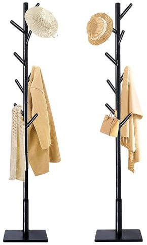 Yawinhe Garderobenständer, Garderobe in Baumform mit Anti-Rutsch-Pad, Kleiderständer aus Massivholz, 180cm Höhe, mit 8 Haken und 3 verstellbaren Höhen,für Eingänge, Schwarz,2 Pack