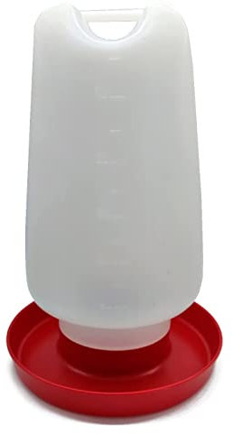 Tradineur - Abreuvoir en plastique pour volailles, poules, récipient avec poignée pour eau d'animaux, fabriqué en Espagne, blanc et rouge, 6 litres, 34,5 x 22 cm
