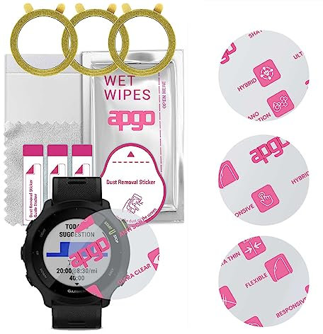 apgo 3x Cristal protector híbrido ultra claro compatible con Garmin Forerunner 55, nano cristal flexible, gran sustituto del cristal templado, resistente a arañazos, pegamento completo.