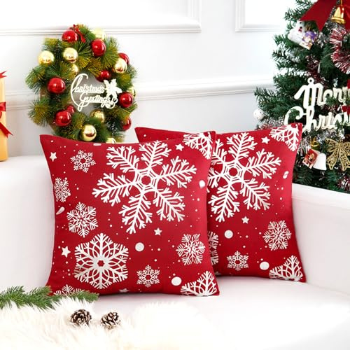 Chicamy Kissenbezug Weihnachten 40x40 Rot Weihnachtskissen Samt Weihnachtsdeko Kissenhülle Weihnachtselementstile Schneeflocke Muster Weihnachts Kissen für Sofa Winterurlaub Zimmer Auto, 2er Set
