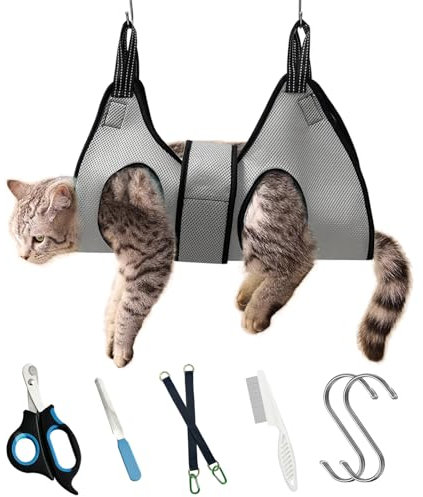 Cat Grooming Hammock with Safety Belt for Nail Clipping (XS, grey)