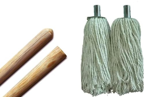 Best House 2 Pcs Pine Wood Mop Stick Handle + 2 Pcs Cotton 18 Ply Metal Socket Mop Head - 1.2m x 22mm, 380g for Floor Cleaning/Sweeping in Home/Office