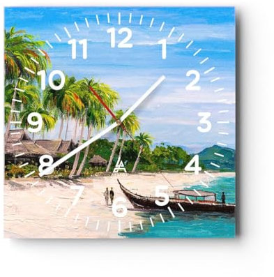 Modern Wanduhr Strand Exotik Palmen 30x30cm Quadrat Klein Wand Uhr Glas Analog Zimmeruhren Küche Büro Wohnzimmer Glasuhr Wall Clock Dekoration Design Wanddekoration Küchenuhr C4AC30x30-5516