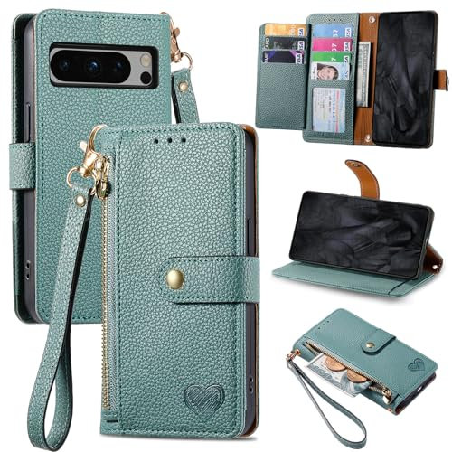 VEEMOS Handyhülle für Google Pixel 8 Pro 5G Hülle Klappbar Klapphülle Schutzhülle mit Kartenfach RFID Reißverschluss Handy Tasche Leder Flip Case Cover Handytasche Frauen - Grün