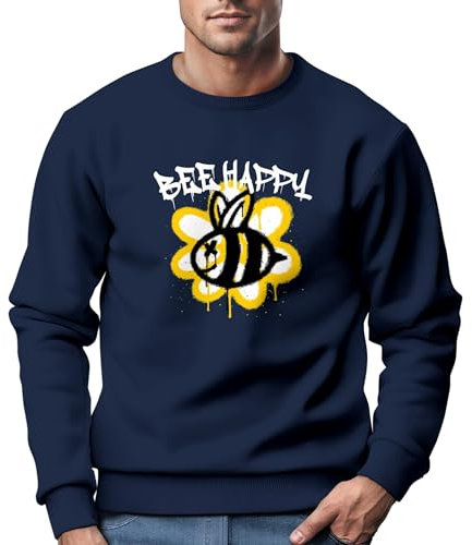 Neverless® Sweatshirt Aufdruck Bee Happy Biene Blume Graffiti Grafik Schriftzug Rundhals-Pullover Fashion Streetstyle Navy XXL