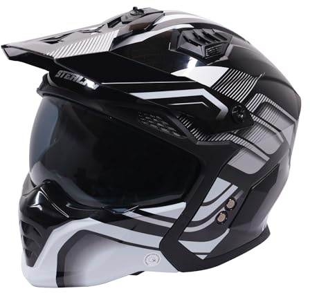 Motorcycle Crash Helmet Stealth Fighter ECE 22.06 Approved Multi Function Full Face & Open Face Helmet Removable Peak - Orbit Black / Silver Gloss (Large)