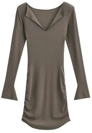 Nuovo Vestito Attillato con Colletto semiaperto da Donna, Vestito Aderente Elastico a Maniche Lunghe-Verde sottaceto-M