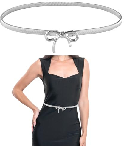 Amabro Gold Belts for Women, Elastic Skinny Waist Chain Adjustable stretchy Fashion Metal Stretch Waist Belt With Bow-Knot Waistband for Dresses, Jeans, Shirt(Silber)