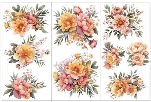 OLYCRAFT 3 pz/Set Trasferimenti Floreali con Peonie 15x30cm strofinare sui per Artigianato e mobili mazzi di Fiori Adesivi trasferimento Decorazione Vintage Floreali per mobili in Legno Scrapbooking