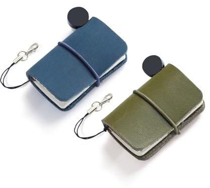 Fatiya 2 Pcs Tiny Mini Travelers Pocket Notebook, 1.9 x 1.3 Miniature Leather Journal, Little Blank Journal Dairy, Vintage Small Notepad Memo (Green & Blue)