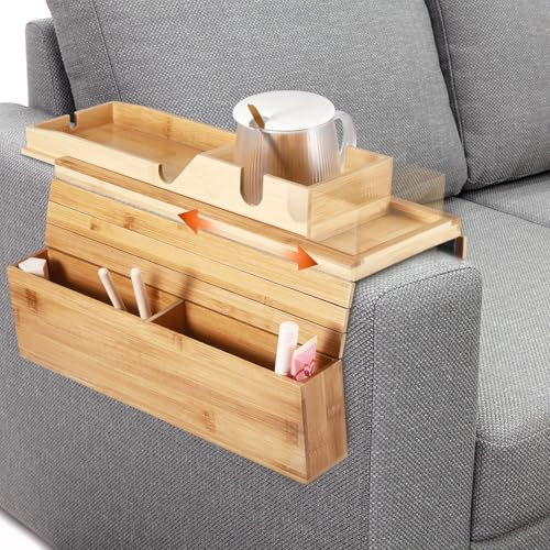 HOUSINN Sofa Arm Tray Table,Bamboo Sofa Armrest Tray,Non-slip Couch Cup Holder Couch Arm Tray,Adjustable Sofa Support Sofa, Sofa Side Table for Remote Control, Drink, Snacks, Magazine