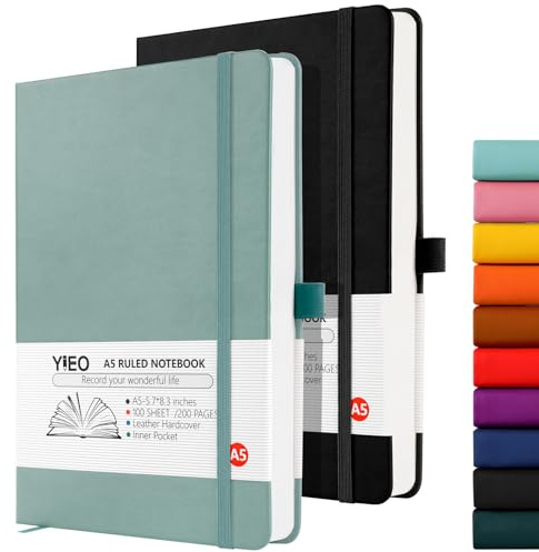 YIEO Notebook A5, 2 Pack Hardback Journal Notebook with 398 Lined Pages 80 GSM Leather Notepad with Bookmark, Pen Loop and Expandable Paper Pocket, for Office School Supplies (Black+Grayblue)