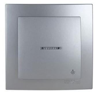 Pulsador luminoso empotrable, acabado en plata, serie 8000, ideal para señalización y control de iluminación en espacios interiores.