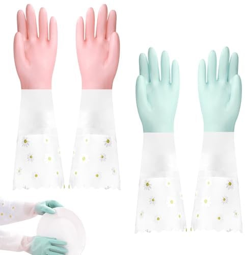 Deilonie 2 Pairs Long Rubber Gloves, Washing Up Gloves for Dishwashing Cleaning, Reusable Rubber Gloves, Dishwashing Cleaning Gloves, Household Cleaning Gloves for Kitchen, Bathroom, Gardening