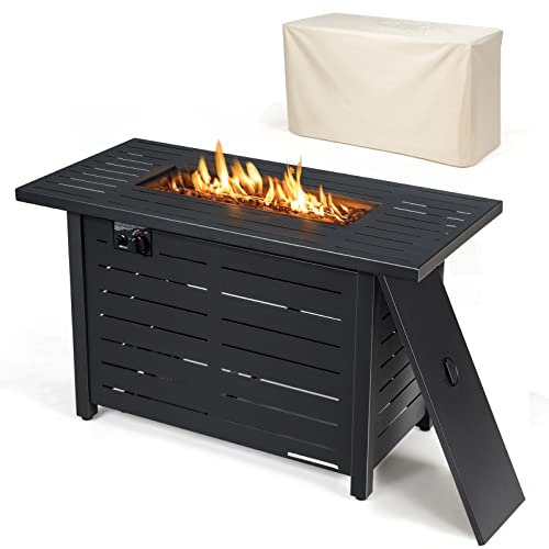 Outdoor 60,000 BTU Fire Pit Table, Patiojoy 42 Inch Rectangular Propane Gas Fire Table with Solid Steel Frame, Electric Ignition, Includes Lava Rocks & Protective Cover for Poolside, Backyard