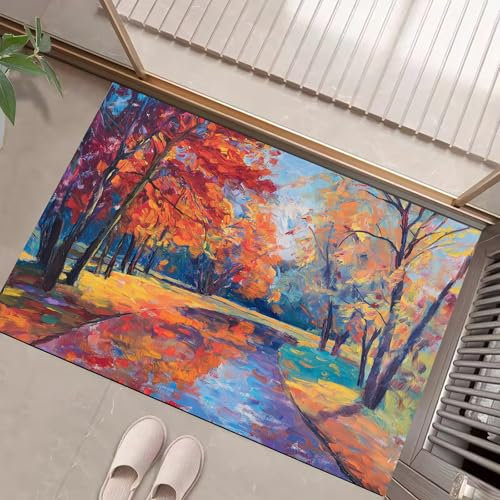 COSKTIARL rutschfest Fußmatte 80X120Cm - Pflegeleichte Waschbar Ölgemälde-Graffiti Bunter Baumweg Aufdruck Fussmatte Aussen Wetterfester Strapazierfähige Türmatte Weiche Haustür Fußabtreter