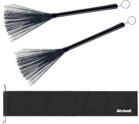 Ahviesli 1 paire de brosses de batterie rétractables avec poignées en caoutchouc pour jazz, rock, acoustique – Baguettes de batterie pour débutants et professionnels avec sac de rangement
