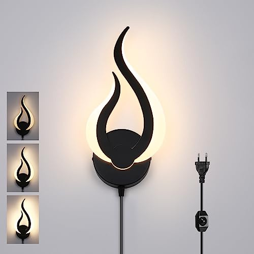 Lightess LED Wandlampe mit Stecker Wandleuchte Innen Dimmbar 180cm Kabel | Schwarz Wandleuchte mit Schalter, 0-100% Dimmbar, 3000K Warmweiß, Acryl+Alu, für Wohnzimmer Schlafzimmer Flur