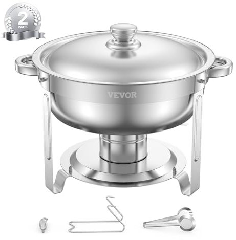 VEVOR Chafing Dish Buffet Set, 5 Qt 2 Pack, Stainless Steel Chafer with 2 Full Size Pans, Round Catering Warmer Server with Lid Water Pan Folding Stand Clip, for Weddings Parties Banquets, Silver