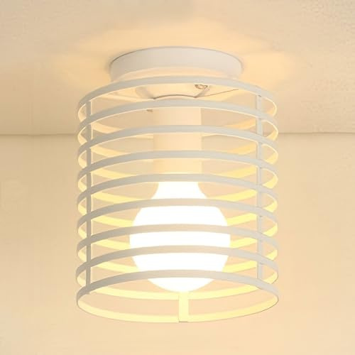 iDEGU Deckenleuchte, Retro-Design, Käfig, aus Metall, Vintage, Industrieller Lampenschirm, Hängeleuchte, Zylinderform, E27, für Schlafzimmer, Küche, Flur, Wohnzimmer (Weiß, 16 cm)