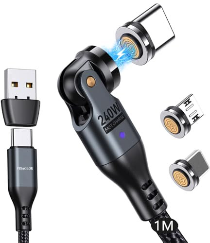 VISAGLOR 240 W 9Pin USB C Magnet Ladekabel, 6 in 1 USB C/A Ladekabel Magnetisch 540° 48V/5A Schnelllade Magnetisches Datenkabel 1M für Typ C/Micro USB/iProducts/Ma-Book Pro
