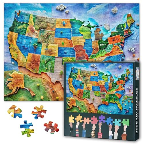 Puzzles für Erwachsene 1000 Stücke - Detaillierte US-Städte & Geographie Karte Pädagogische Jigsaw Puzzle | Herausfordernde Erwachsene Puzzles für Home Decor & Lernen 27.5 x 19.6
