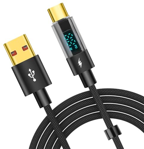 YACSEJAO 66W USB-C Cable with Digital Display 3.9FT USB A to USB C Fast Charging Cord with LED Display Monitor, PD 3.0/2.0 Support, Braided Nylon Cable