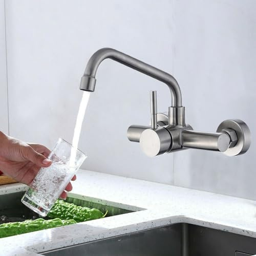 Grifo de Cocina de Pared, Grifería de Fregadero de Acero Inoxidable, Giratorio a 360°, Aireador Desmontable