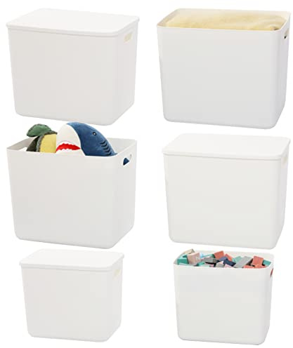 Asndeyu 12L+25L 6 Pack große Kunststoff Weiße Aufbewahrungsbehälter Körbe, Box Chest mit Deckel und Griff,Organizer Container für,Shelves,Playroom, Bedroom,Office,Closet,home(4XL+2L)