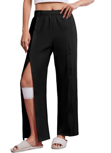 Deyeek Womens Tear Away Pants for Post Hip Surgery Recovery Snap On Pants Breakaway Surgical Zipper Sweatpants with Pockets Black