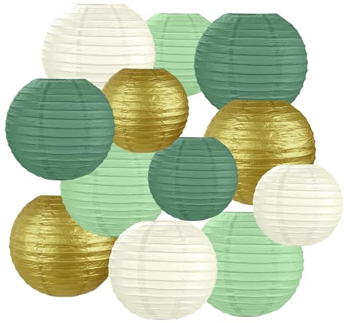 AOOSA Papierlaternen, 12 Stück Runde Hängende Papierlaternen, 25/20/15 cm Lampenschirm Papierlaterne, Papier Laterne Dekoration für Wohndeko, Party, Hochzeit, Feiertagen(Gold, Elfenbein, Salbeigrün)